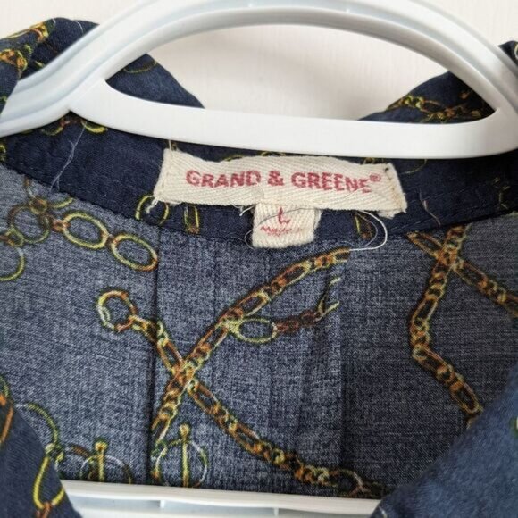 GRAND & GREENE chain print Navy blouse button down shirt adjustable sleeves L @P - Picture 4 of 14